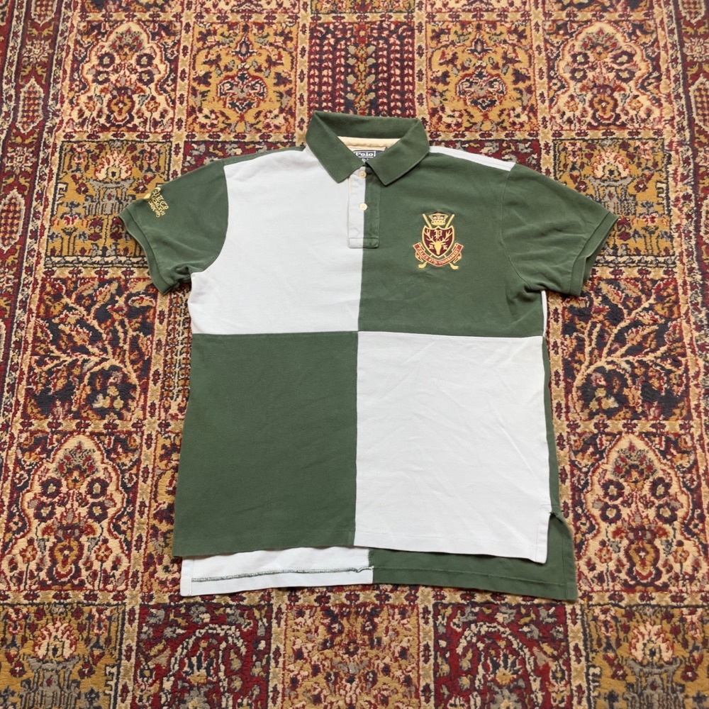 VTG Rare 90s Polo Ralph Lauren Green Blue Big Checker Tournament Crest Polo M